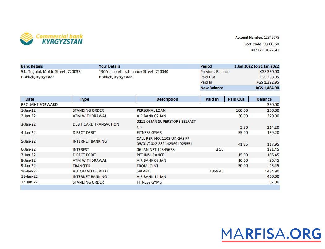Blank Kyrgyzstan Commercial bank statement excel real example